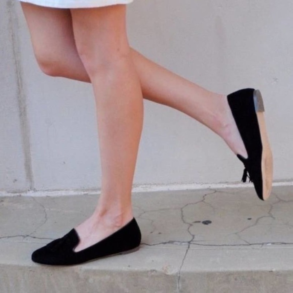 J Crew Cora Suede black Leather Tassel Loafers Moccasins F5735 Women's size 6.5